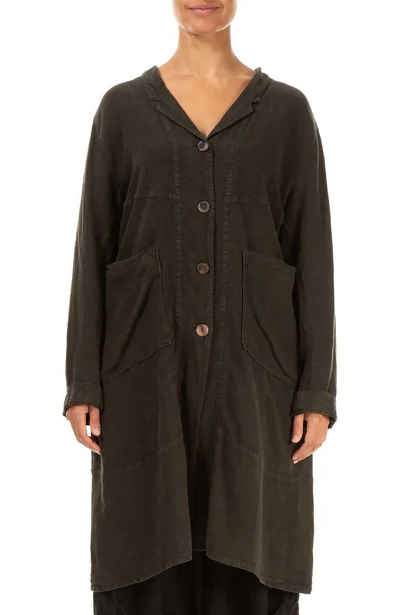 Large Pockets Dark Brown Linen Jacket 1