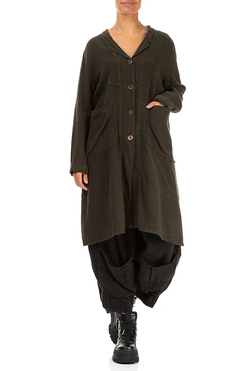 Large Pockets Dark Brown Linen Jacket 4