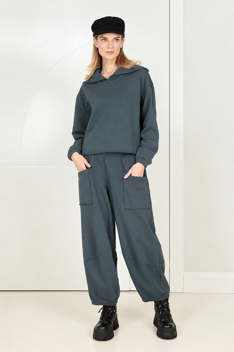 Large Pockets Slate French Terry Cotton Trousers 6