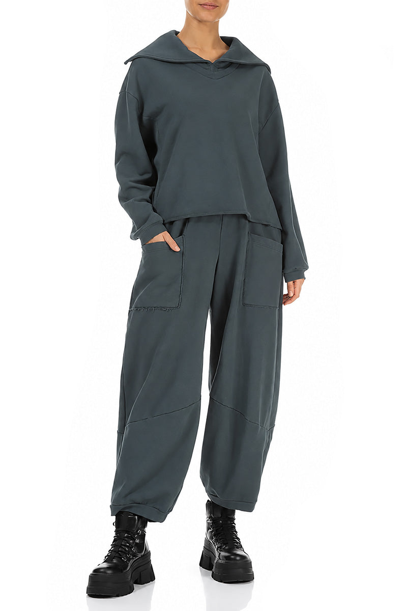 Large Pockets Slate French Terry Cotton Trousers 4