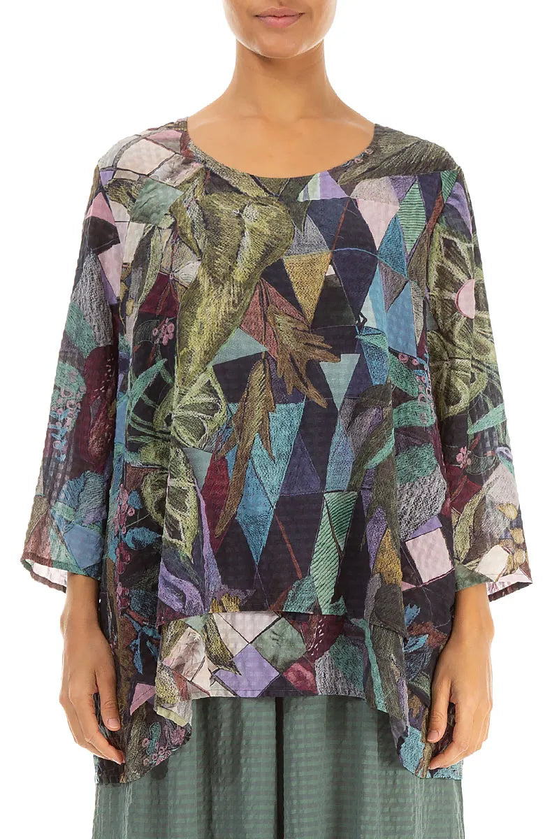 Layered 3/4 Sleeves Art Mosaic Textured Silk Blouse