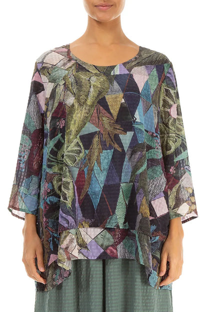 Layered 3/4 Sleeves Art Mosaic Textured Silk Blouse