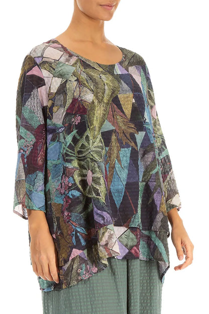 Layered 3/4 Sleeves Art Mosaic Textured Silk Blouse