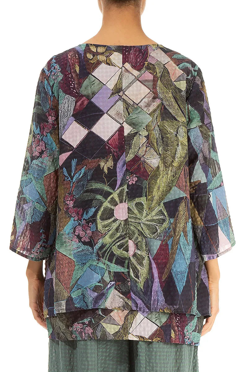 Layered 3/4 Sleeves Art Mosaic Textured Silk Blouse