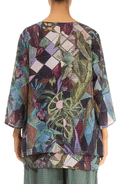 Layered 3/4 Sleeves Art Mosaic Textured Silk Blouse