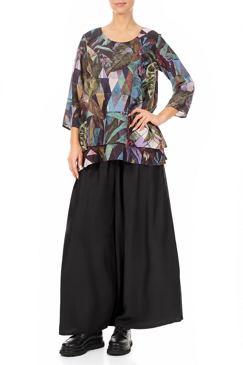 Layered 3/4 Sleeves Art Mosaic Silk Bamboo Blouse 4