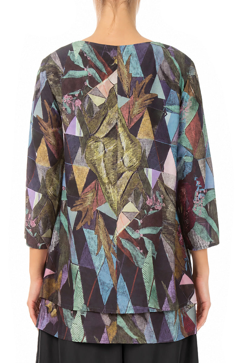 Layered 3/4 Sleeves Art Mosaic Silk Bamboo Blouse 2
