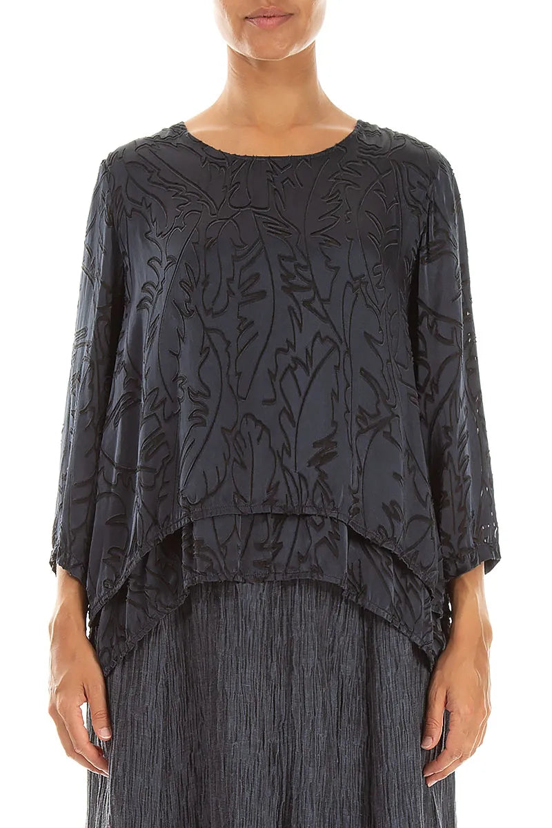 Layered Slate Devoré Feather Silk Blouse 2