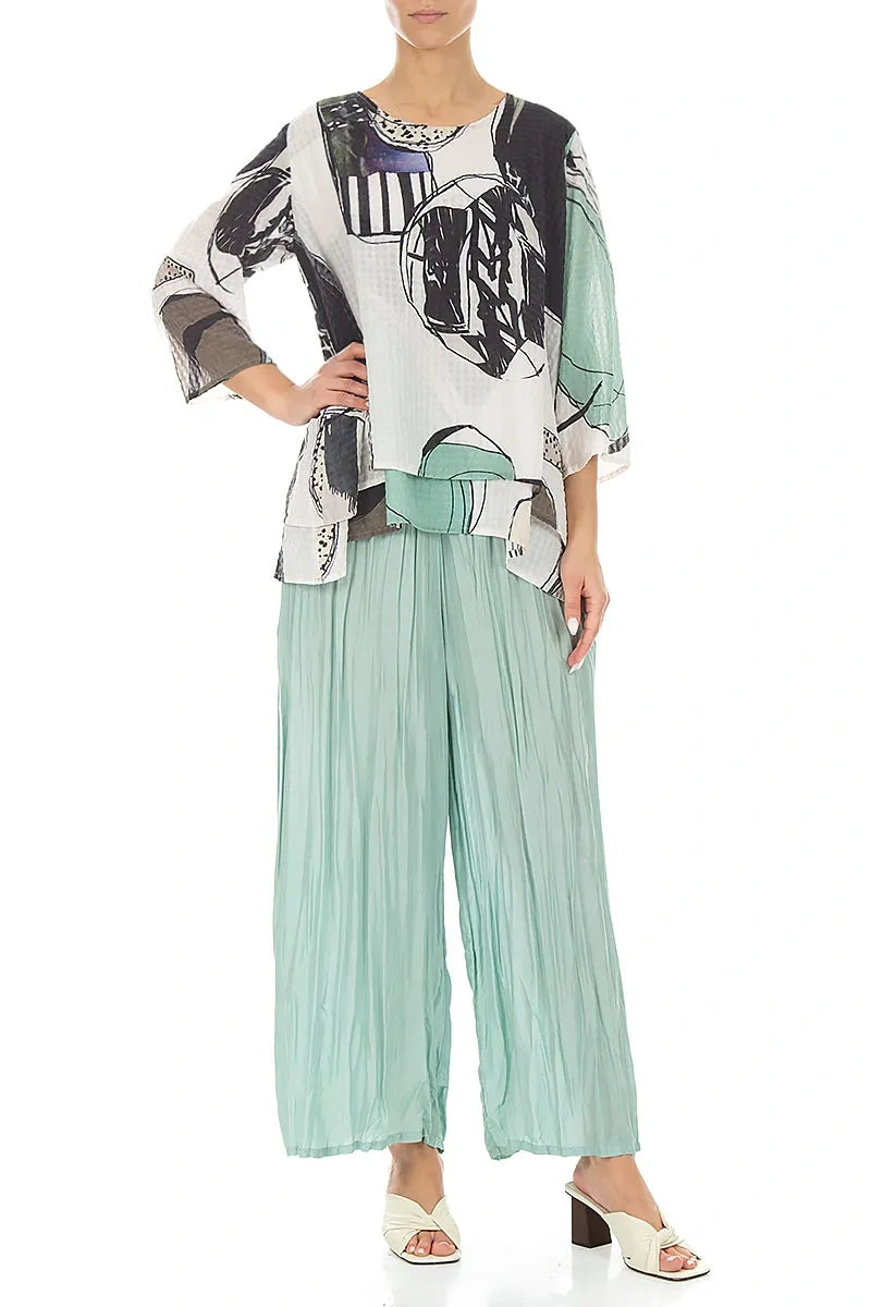 Layered 3/4 Sleeves Tumbled Stone Textured Silk Blouse 4