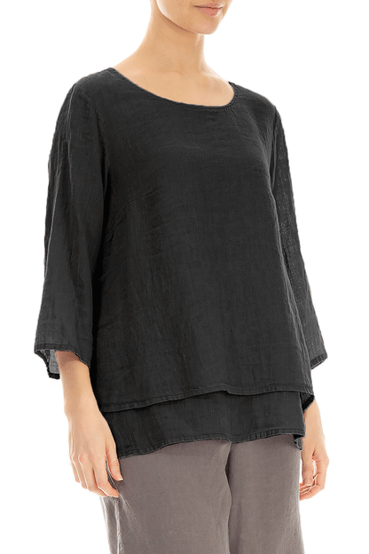 Layered Black Gauze Linen Blouse 3