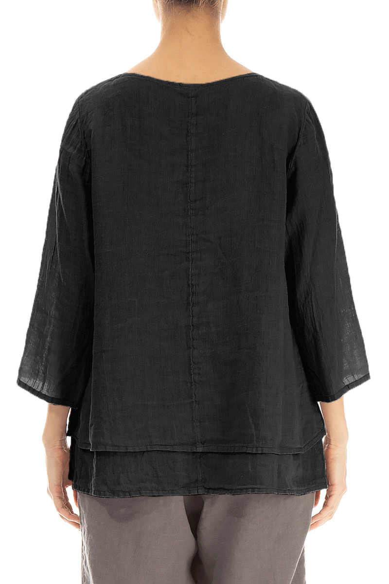 Layered Black Gauze Linen Blouse 2