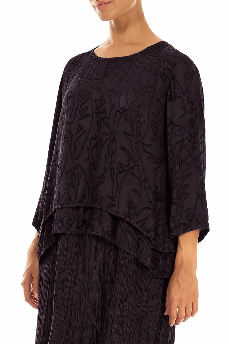 Layered Deep Plum Devoré Feather Silk Blouse 3