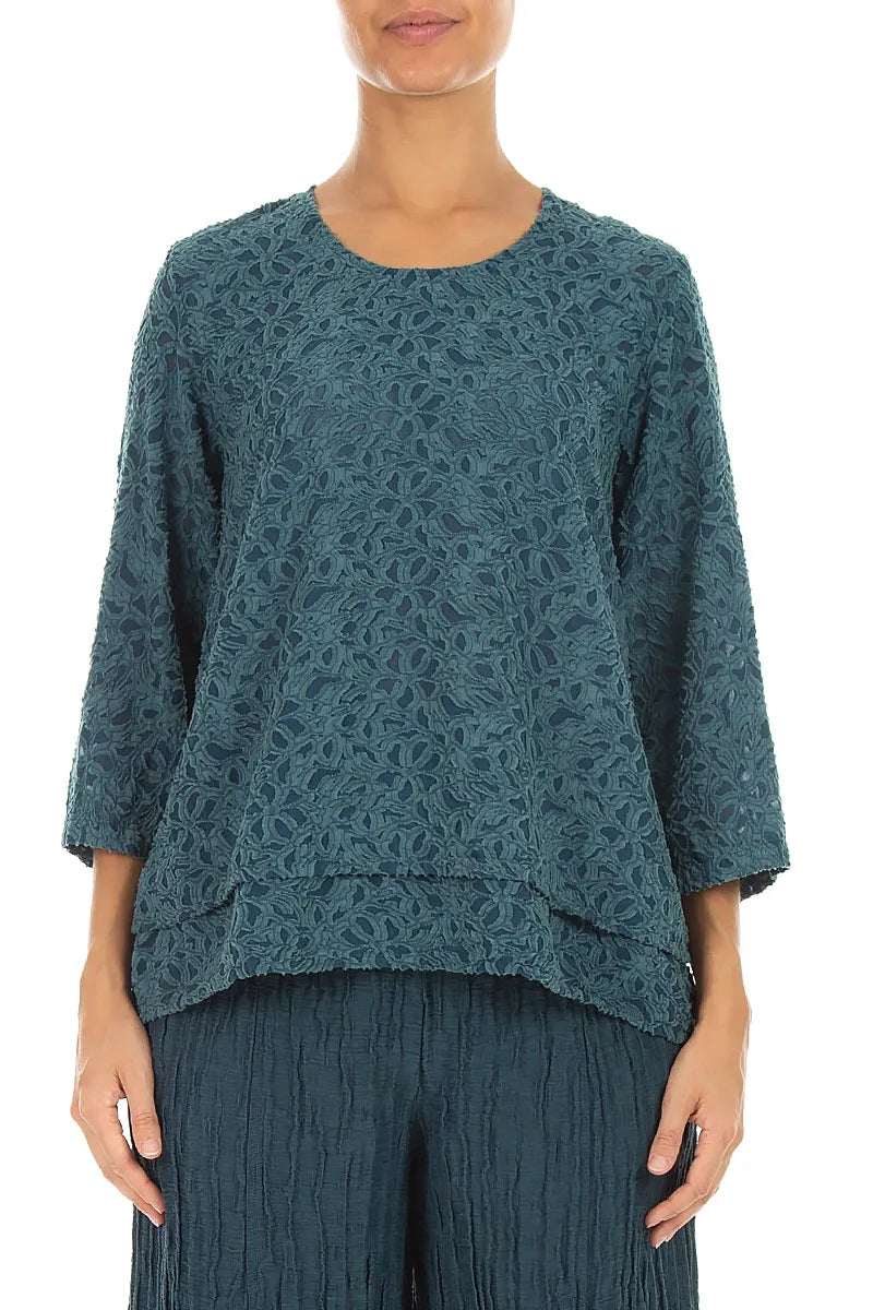Blouse superposée en Soie à texture florale Turquoise profond