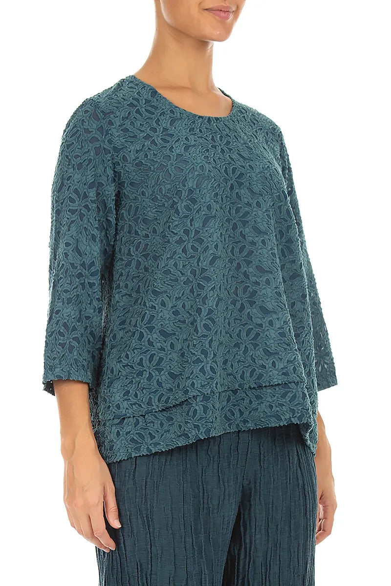Layered Deep Turquoise Floral Texture Silk Blouse 3