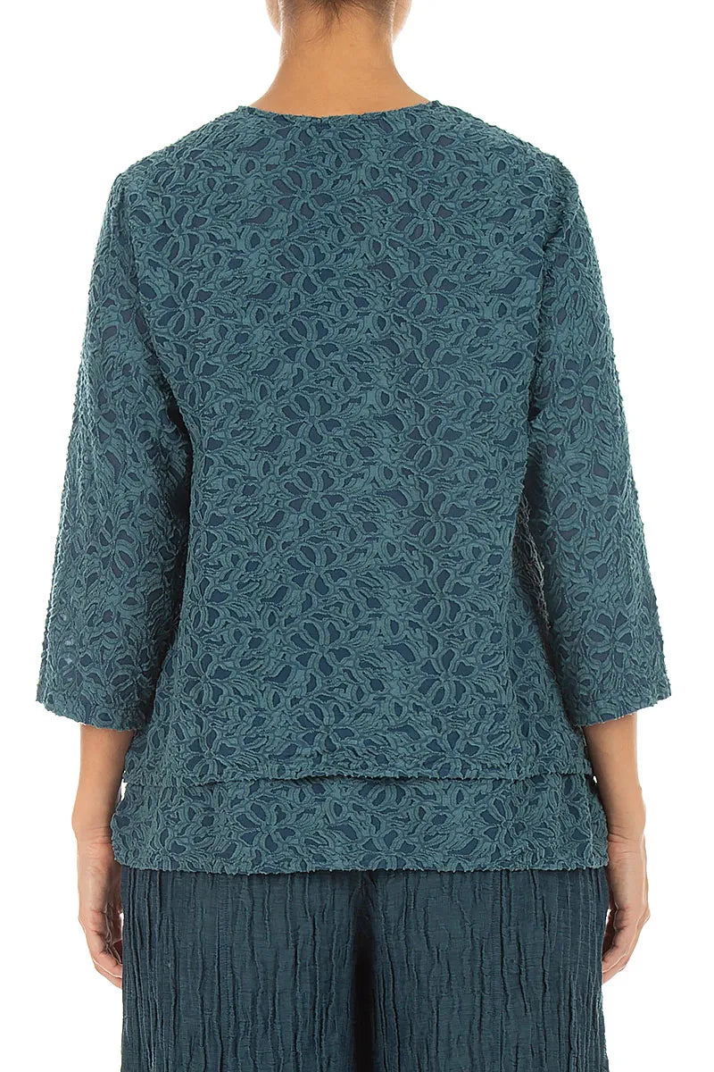 Blouse superposée en Soie à texture florale Turquoise profond