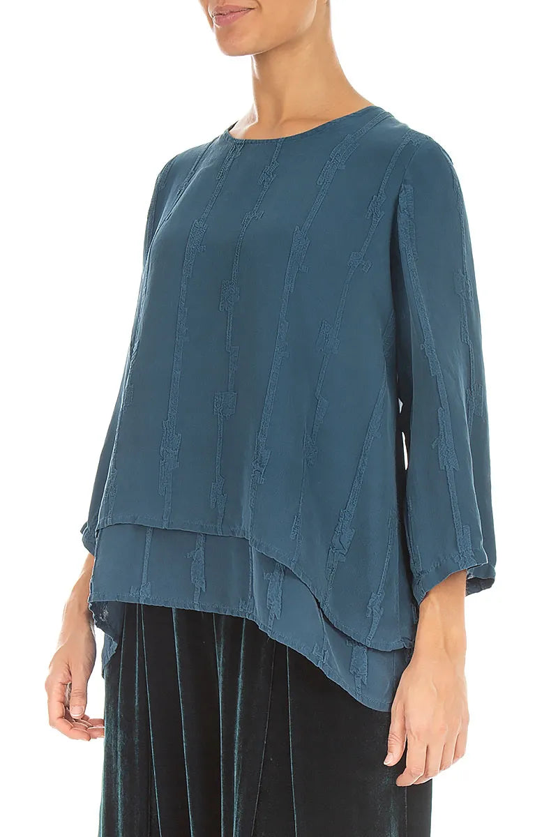 Layered Deep Turquoise Raised Textured Silk Blouse 3