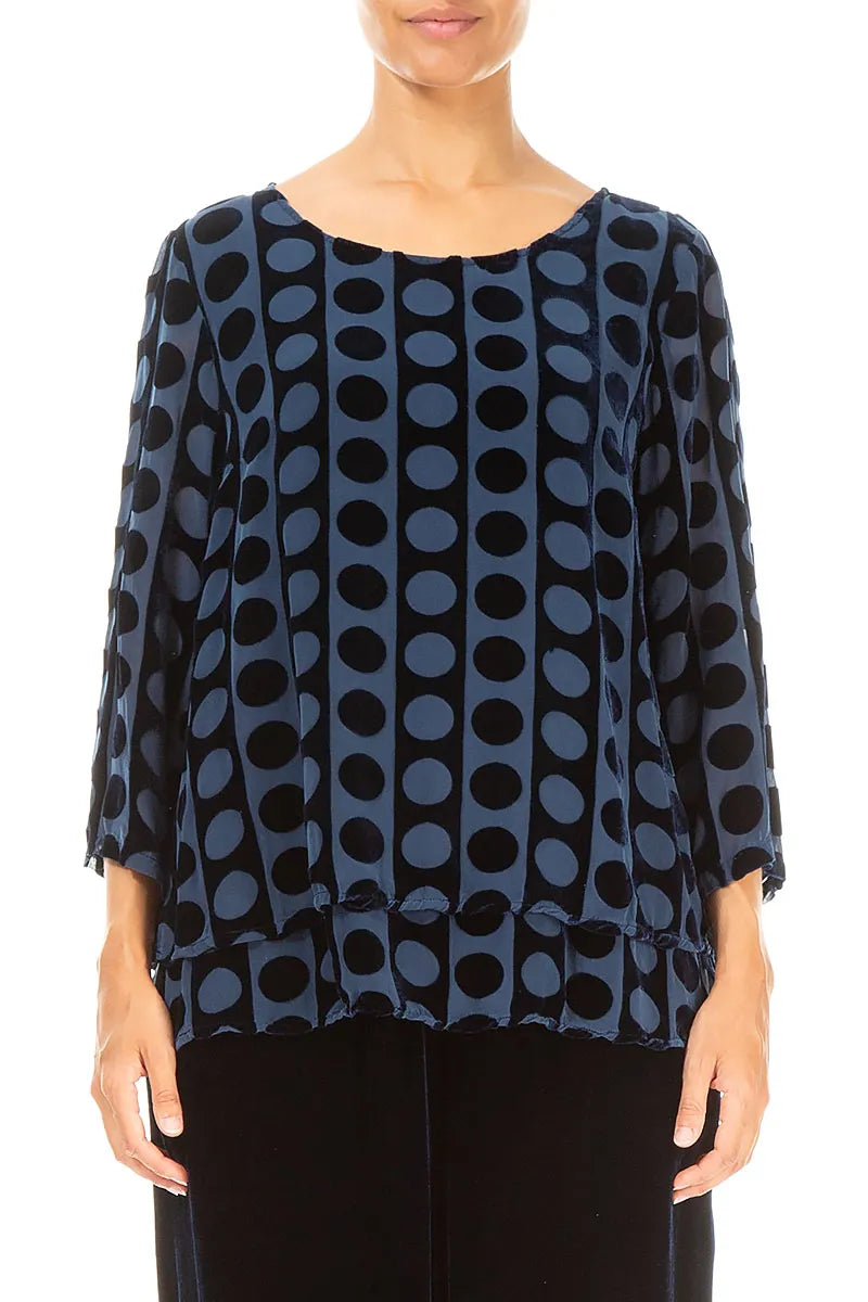 Layered Devoré Bubble Lines Royal Blue Silk Velvet Blouse