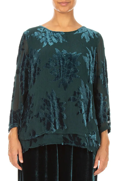 Layered Devoré Flower Peacock Silk Velvet Blouse