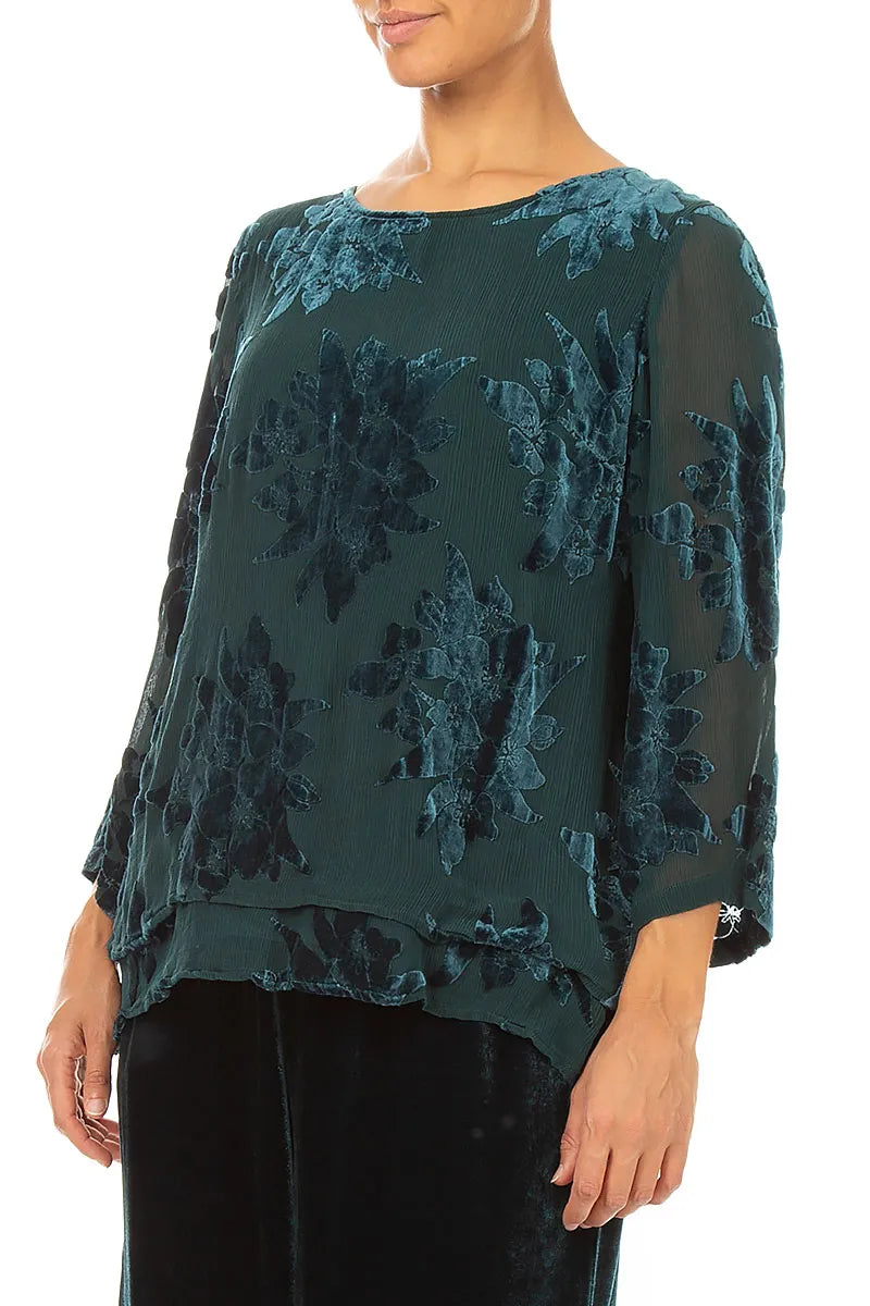 Layered Devoré Flower Peacock Silk Velvet Blouse