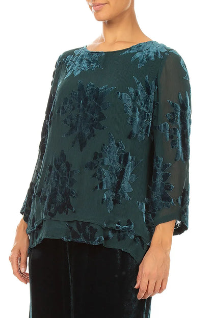 Layered Devoré Flower Peacock Silk Velvet Blouse