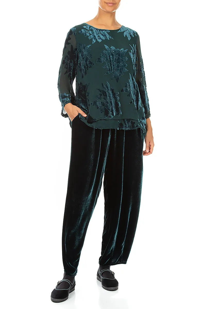 Layered Devoré Flower Peacock Silk Velvet Blouse