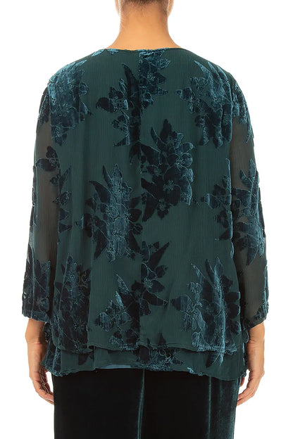 Layered Devoré Flower Peacock Silk Velvet Blouse