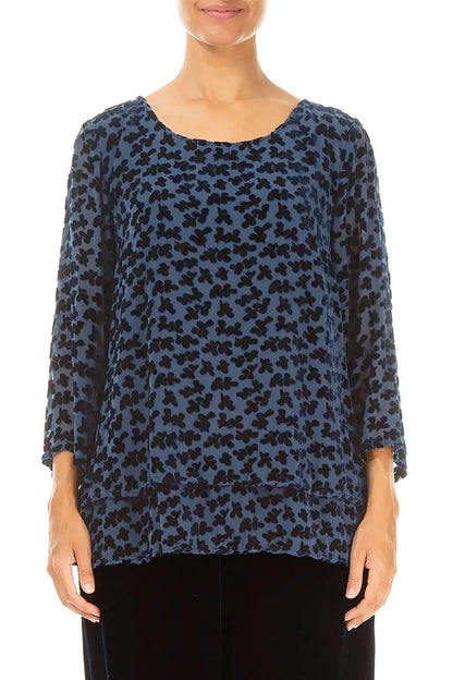 Chemisier en velours de soie bleu royal à pétales dévorés superposés