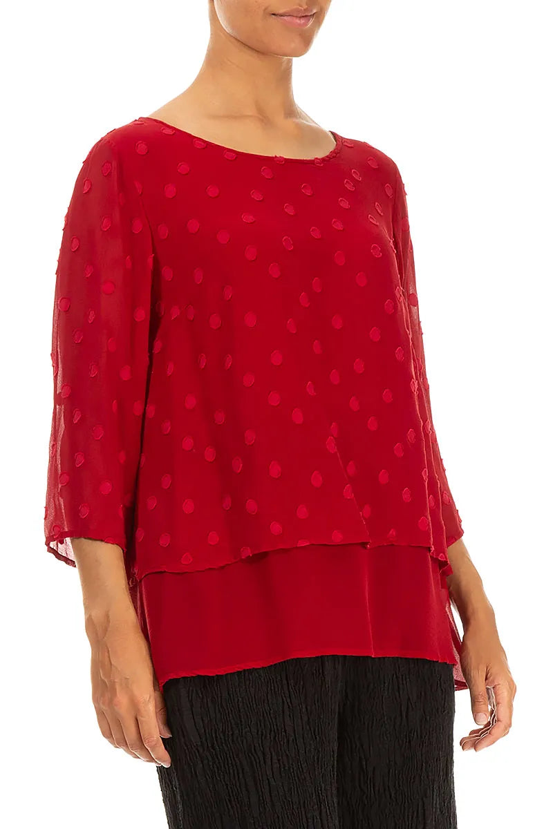 Layered Dotty Cherry Red Silk Blouse 3
