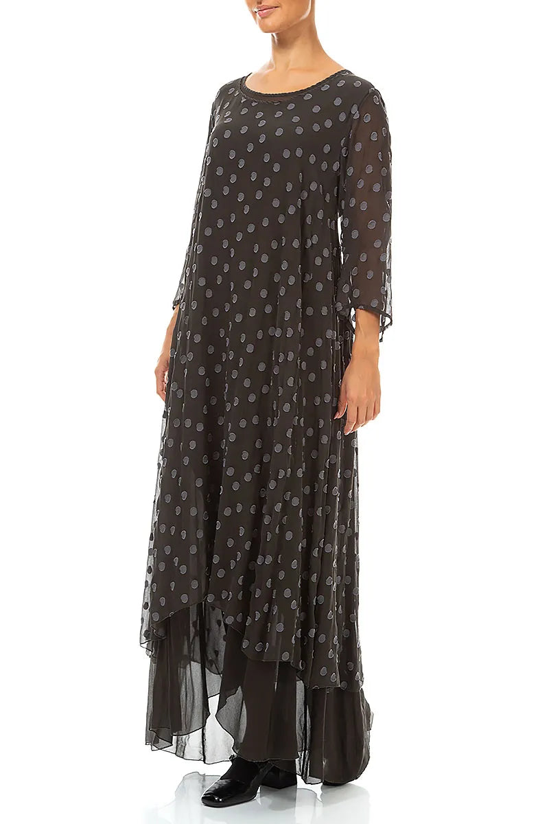 Robe en Soie anthracite chaud à pois et superpositions