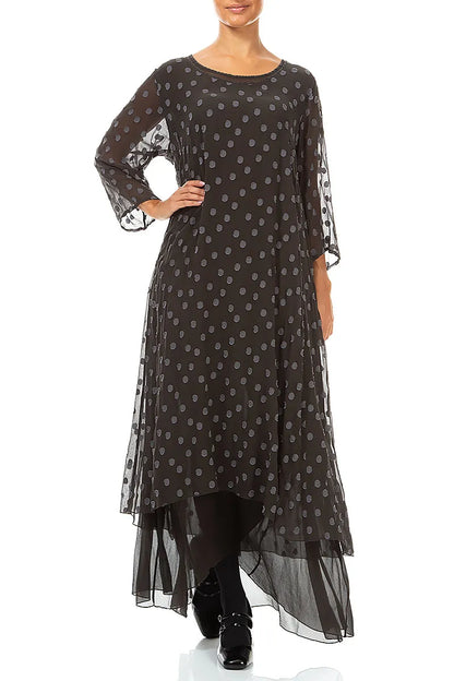 Robe en Soie anthracite chaud à pois et superpositions