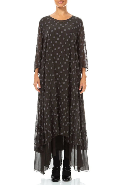 Robe en Soie anthracite chaud à pois et superpositions
