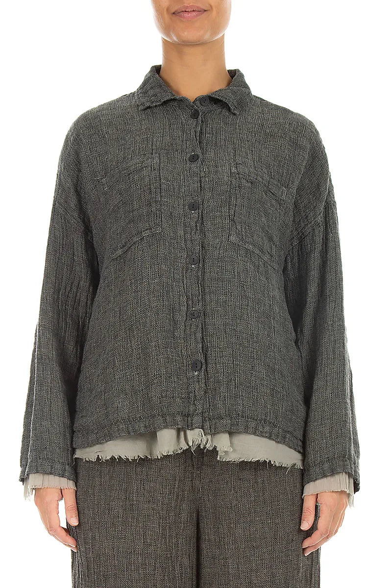 Layered Olive Grey Mélange Linen Shirt 1