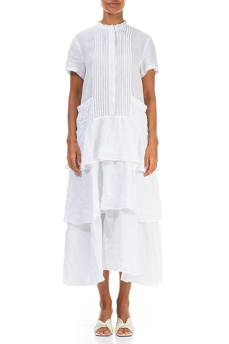 Layered Ruffles White Linen Dress 1