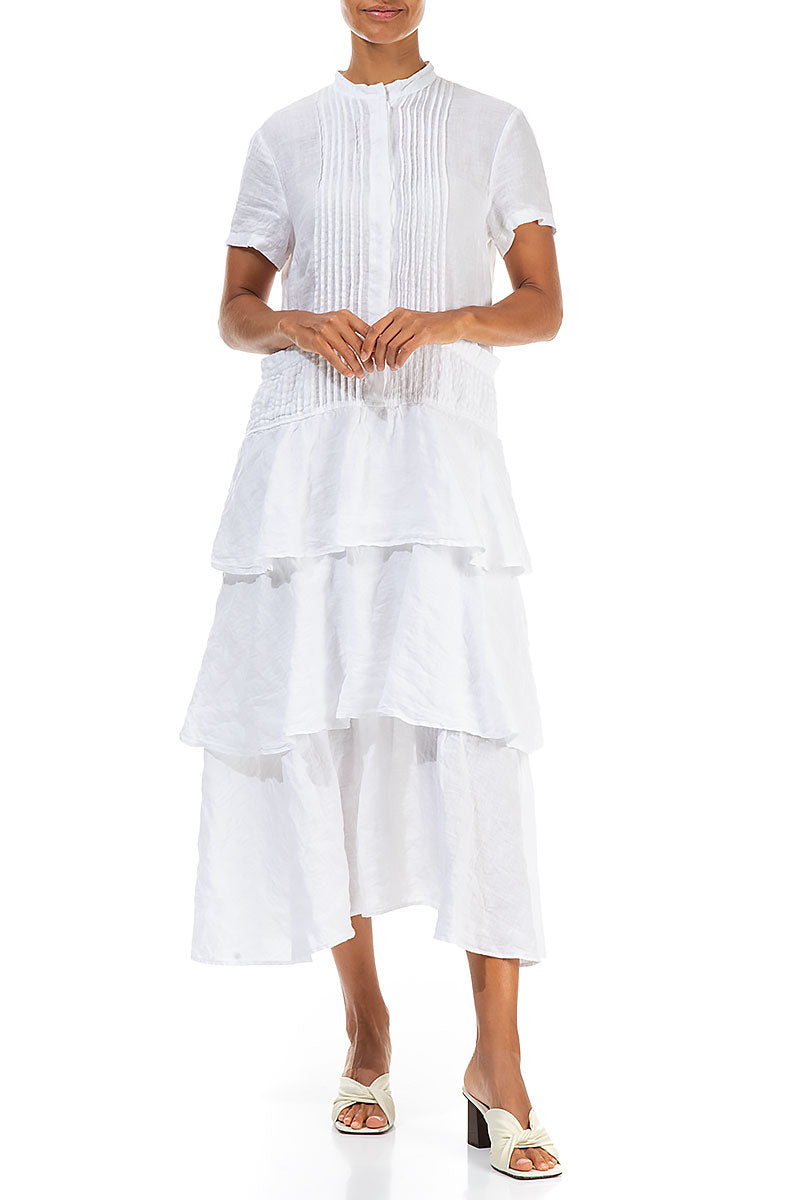 Layered Ruffles White Linen Dress 4