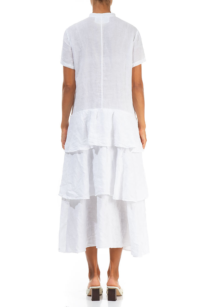 Layered Ruffles White Linen Dress 2