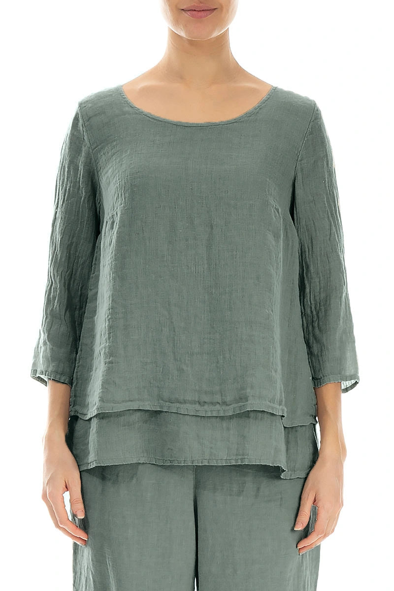Layered Sage Gauze Linen Blouse 1
