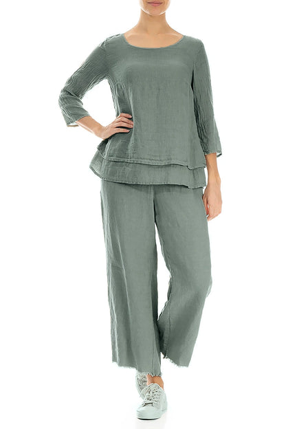 Layered Sage Gauze Linen Blouse 4