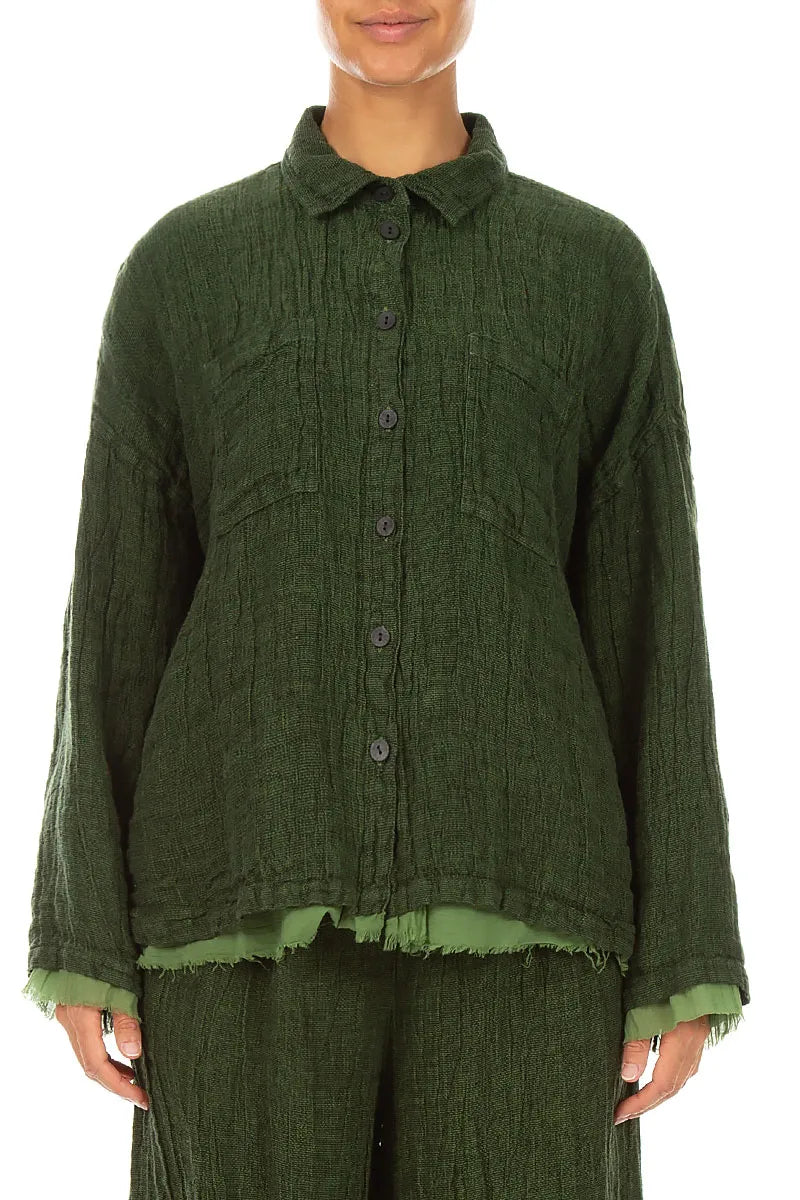 Layered Shamrock Green Mélange Linen Shirt 2