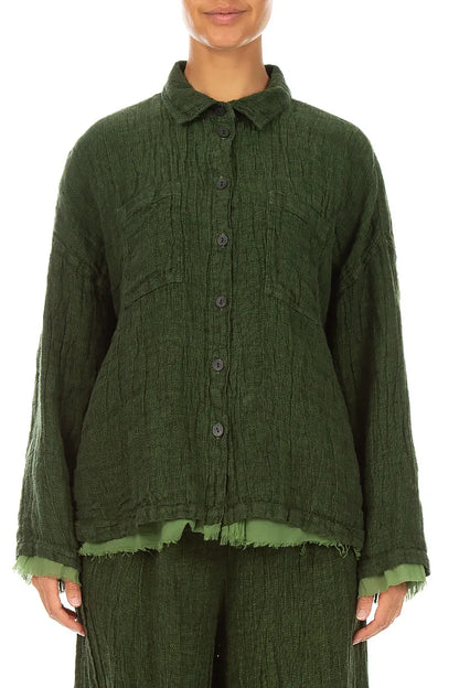 Layered Shamrock Green Mélange Linen Shirt 2