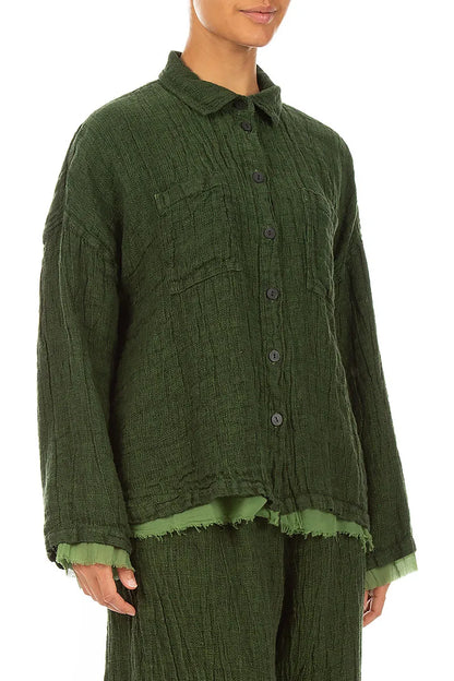 Layered Shamrock Green Mélange Linen Shirt 4
