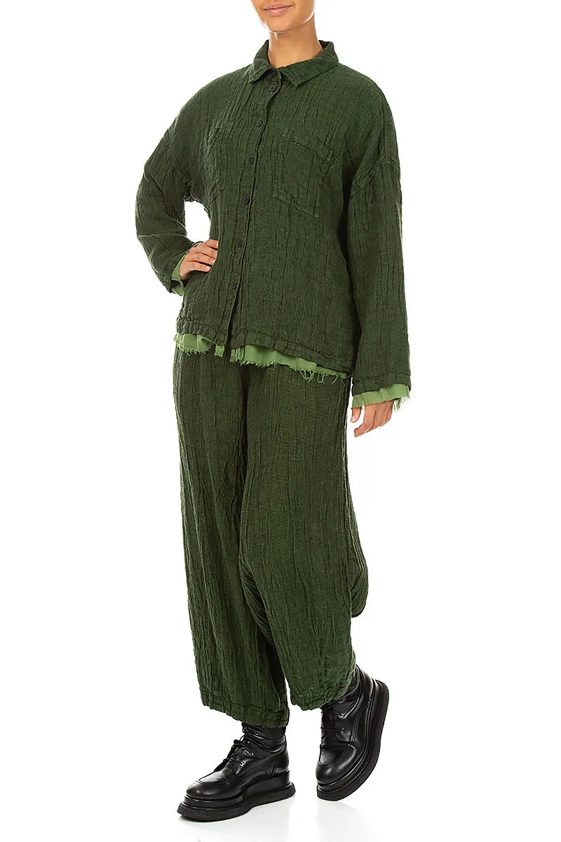 Layered Shamrock Green Mélange Linen Shirt 5