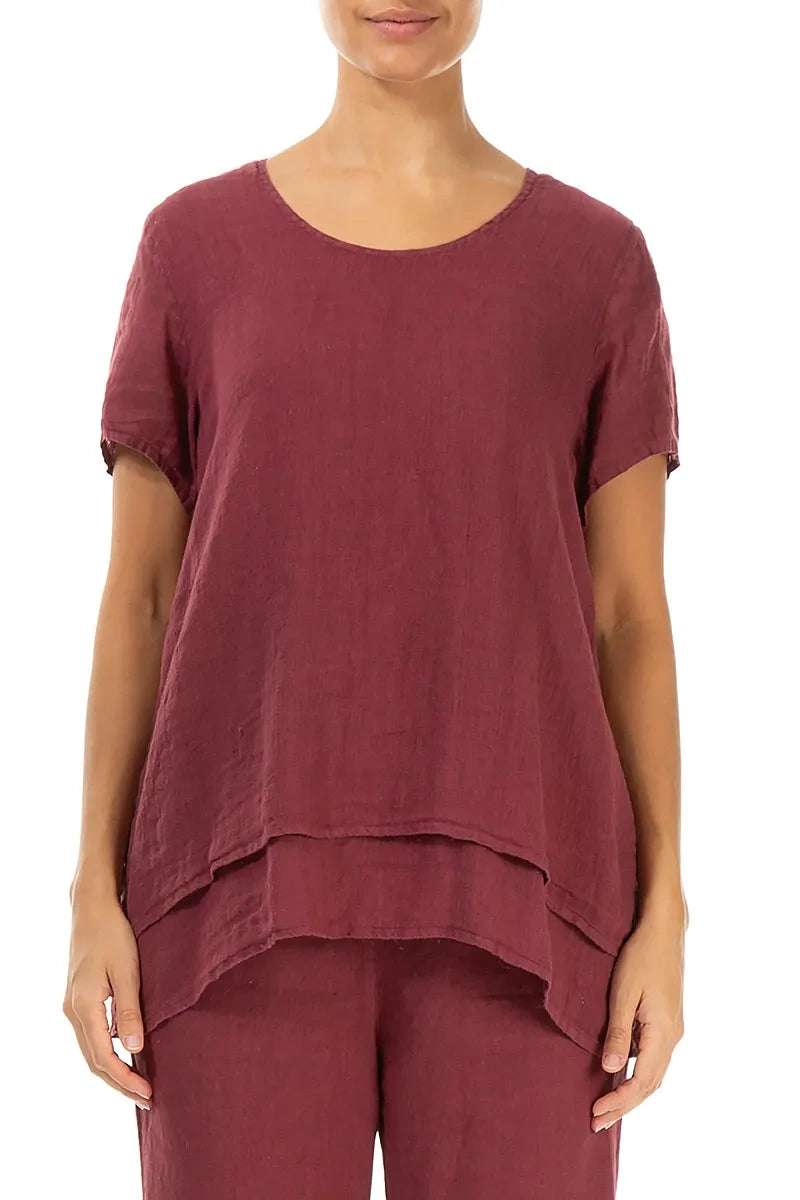 Layered Short Sleeves Antique Ruby Gauze Linen Blouse 1