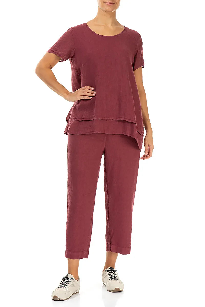 Layered Short Sleeves Antique Ruby Gauze Linen Blouse 4