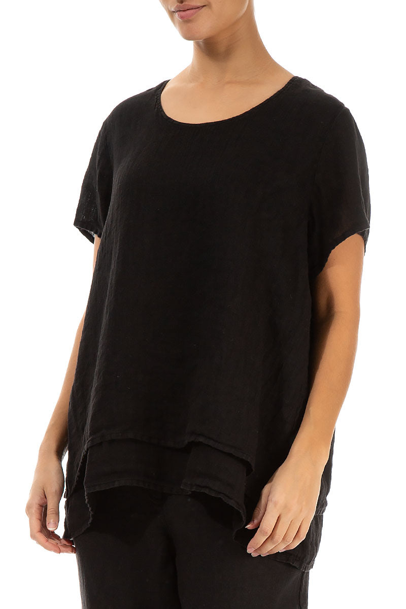 Layered Short Sleeves Black Gauze Linen Blouse 3