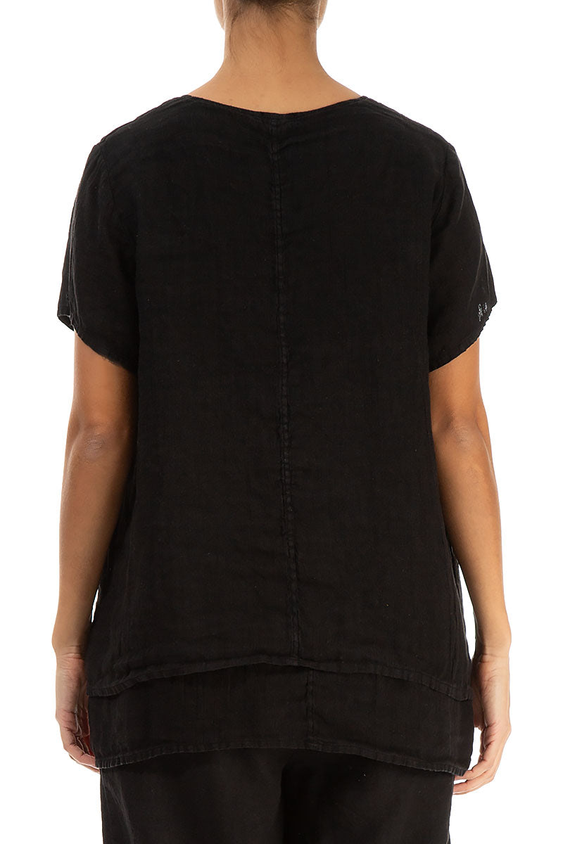 Layered Short Sleeves Black Gauze Linen Blouse 2