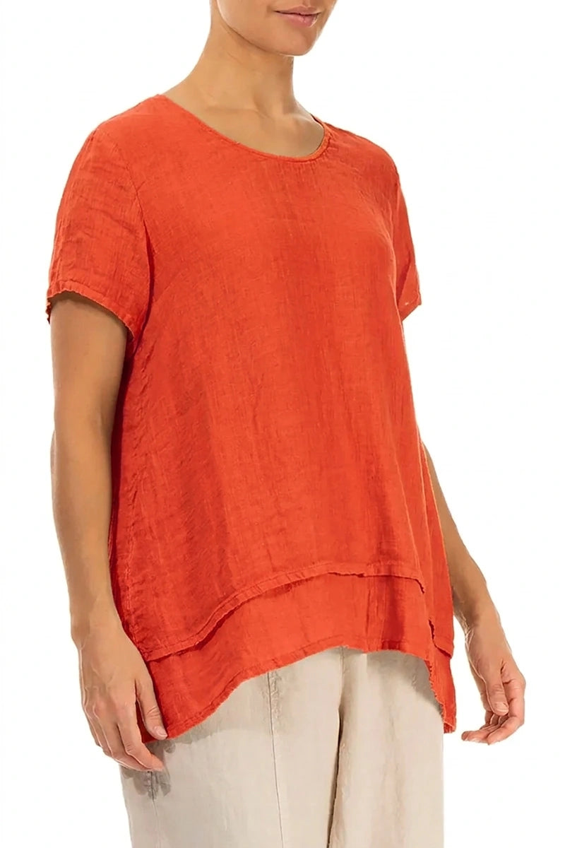 Layered Short Sleeves Flame Orange Gauze Linen Blouse 3