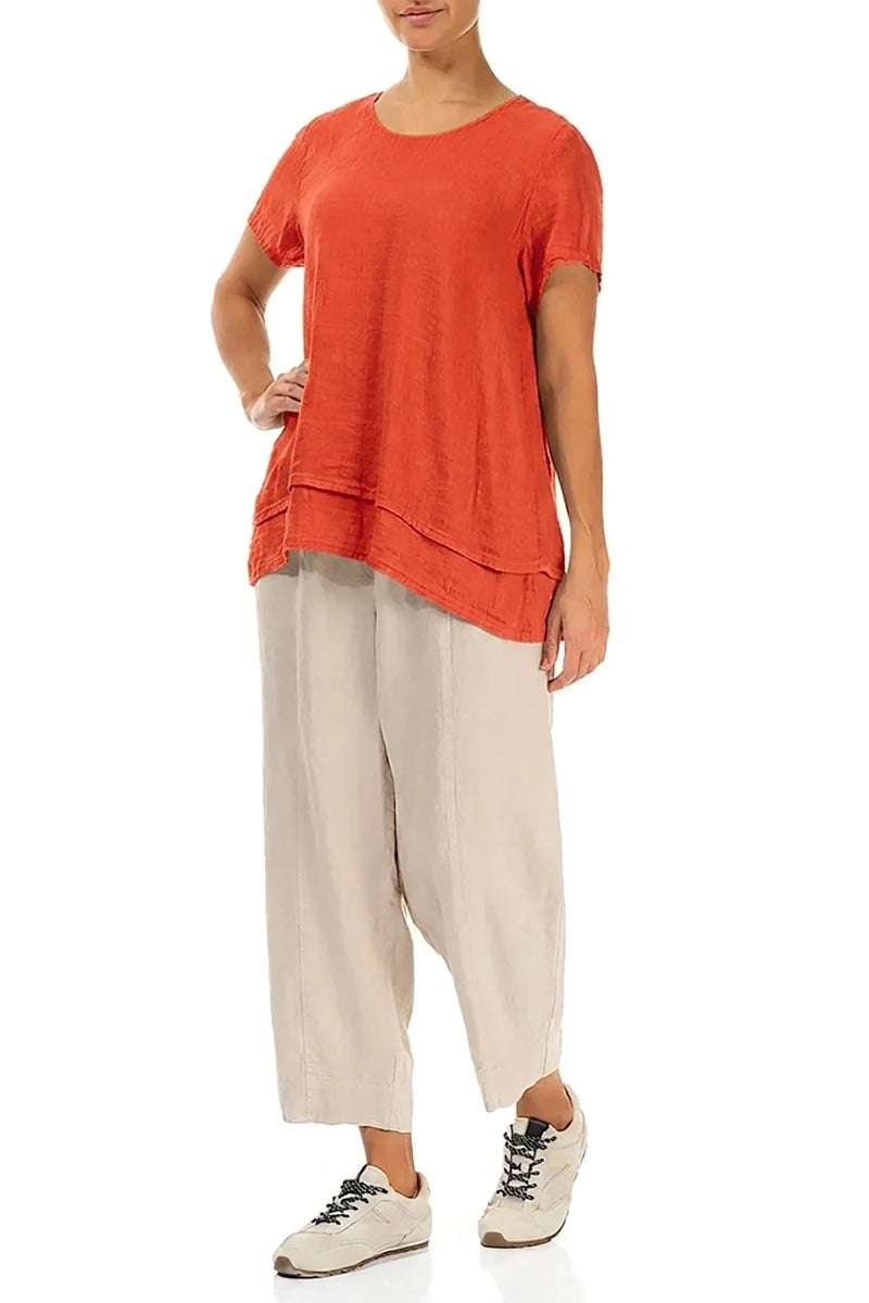 Layered Short Sleeves Flame Orange Gauze Linen Blouse 4