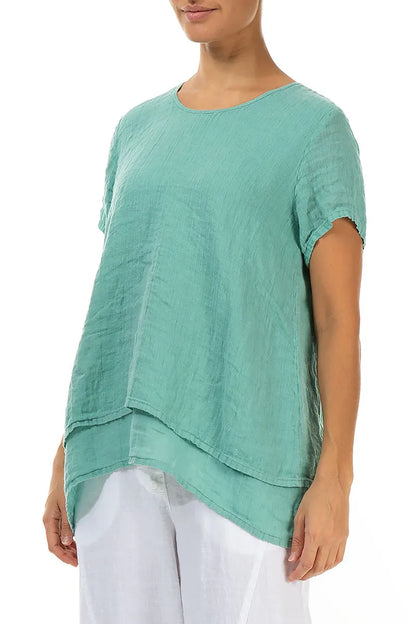 Layered Short Sleeves Mint Gauze Linen Blouse 3