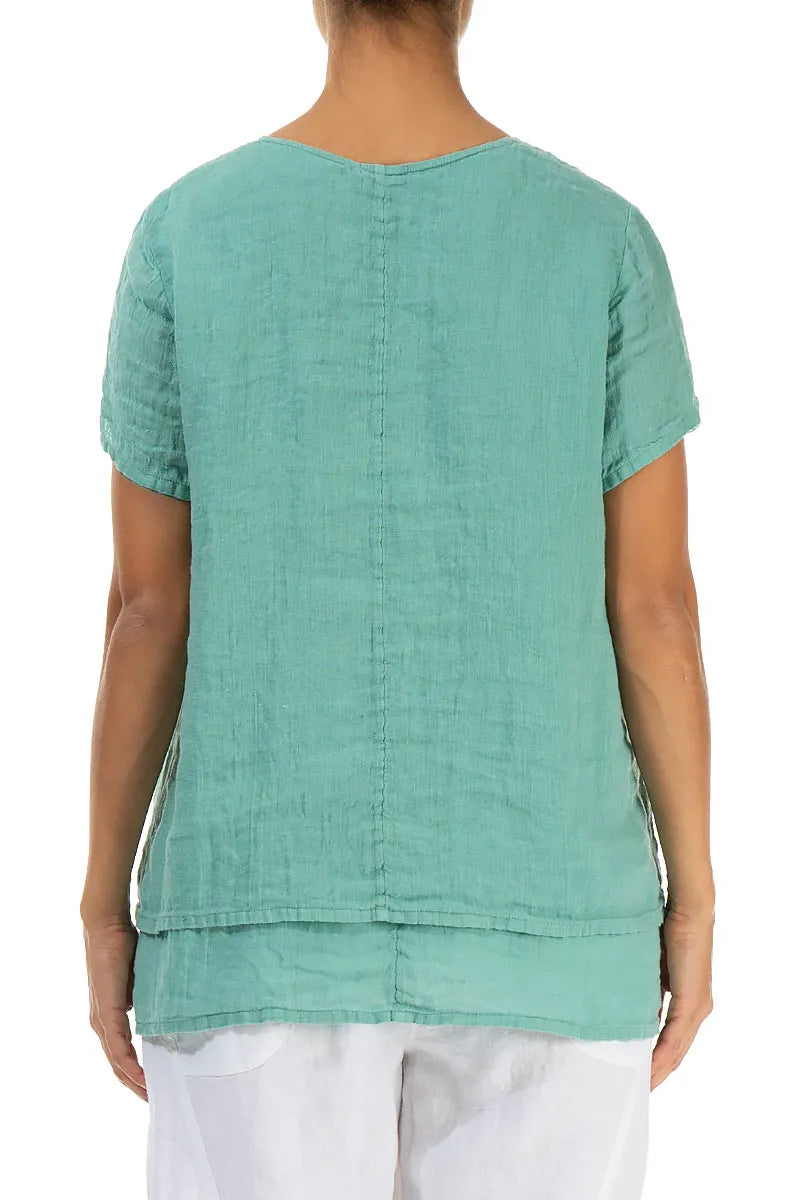 Layered Short Sleeves Mint Gauze Linen Blouse 2