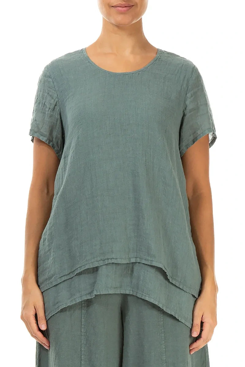 Layered Short Sleeves Sage Gauze Linen Blouse